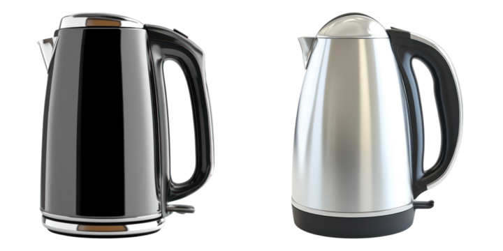 An electric kettle of black and silver color for boiling water for coffee or tea