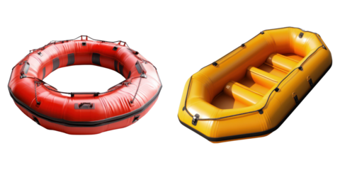 Two inflatable rafts with a vibrant design, perfect for water activities. One is round, another is long-shaped. The scene promises fun and adventure on the water