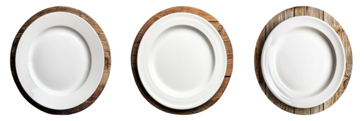 Three white plates on rustic wooden placemats, ready for a delicious meal. They are arranged in a row, with a clean and simple design.