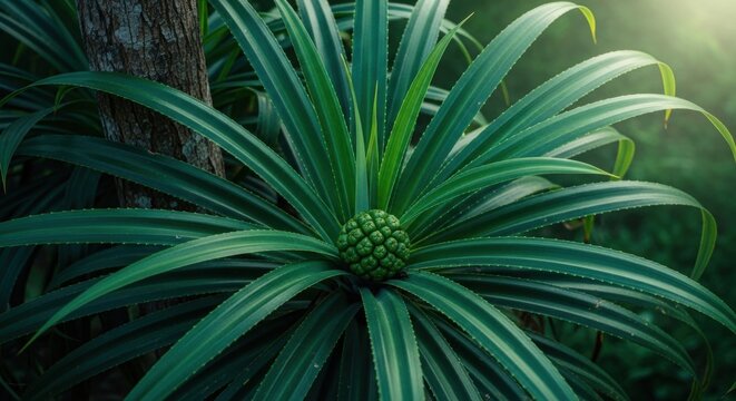 Exotic Pandanus plant with green unripe fruit. Lush tropical foliage of a screw pine tree. Botanical detail in a natural jungle environment. Concept of wild growth and organic biodiversity