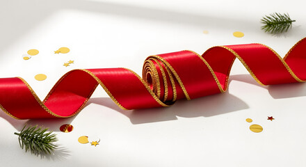 Red ribbon spiraled on white background with gold confetti and greenery  