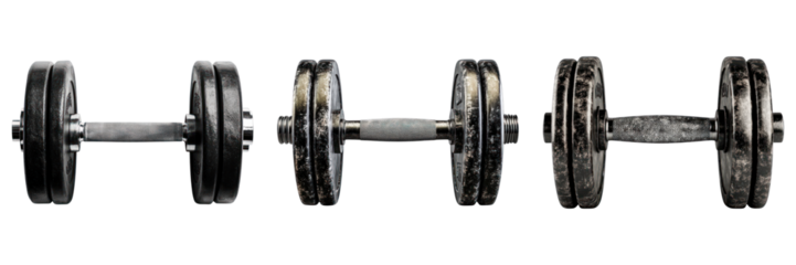Dumbbells lined up, ready for a workout. The weights vary in size, showcasing a variety of exercises and a gym concept