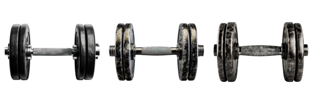 Dumbbells lined up, ready for a workout. The weights vary in size, showcasing a variety of exercises and a gym concept