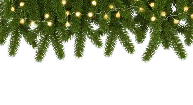 Festive christmas tree branches with glowing lights isolated on transparent background