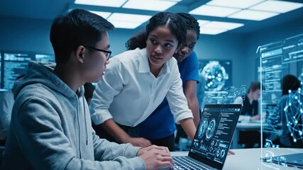 Students Collaborating on Tech Project - Three diverse students are gathered around a laptop in a high-tech lab, discussing a project displayed on the screen with holographic elements. - Powered by Adobe