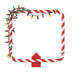 Fototapeta premium Candy cane frame with christmas lights and holly isolated on transparent background