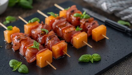 Skewered Delights. A Culinary Composition with Contrasting Textures and Tonal Harmony.