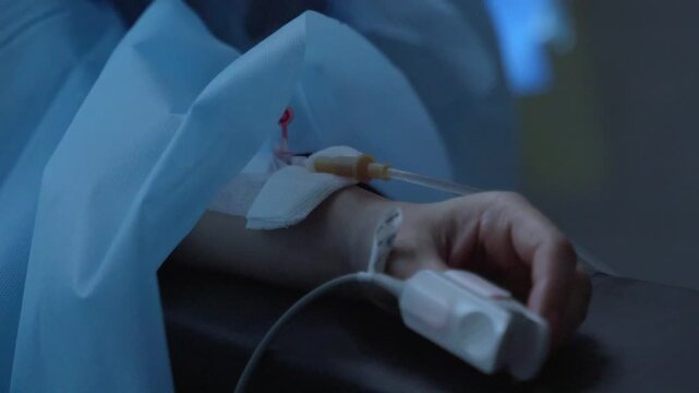 Close up of a patient's hand on the operating table with an intravenous catheter and a pulse oximeter attached to the finger, monitoring vital signs during a surgical procedure