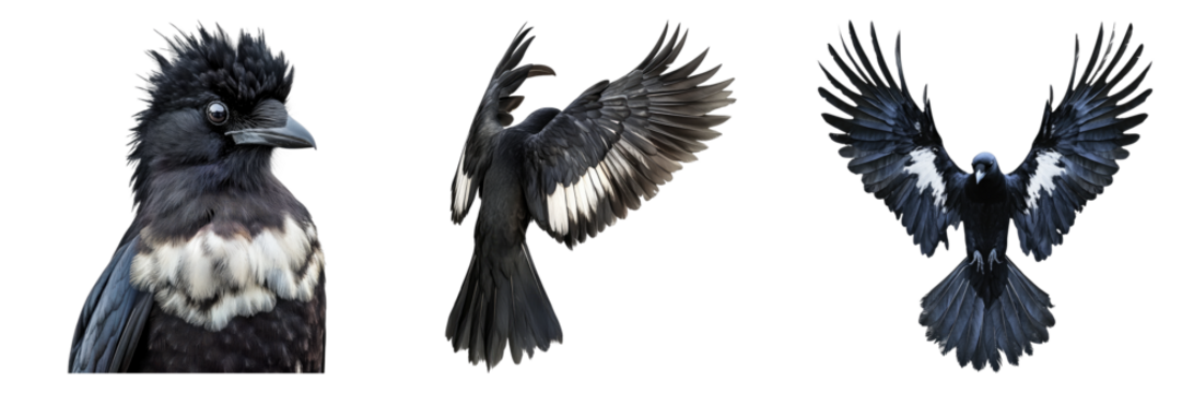 Three images of a magpie with its feathers on display