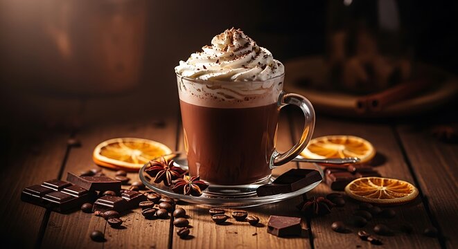 Hot chocolate with whipped cream and chocolate bar on wooden table coffee beans star anise