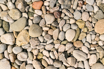Flat surface of pebbles on beach forming earthy mosaic, rich in colors. Close view of pebbles on seashore in natural composition. Pebbles enhance texture and calm visual tone. natural backdrop