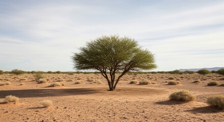 Fototapeta premium Solitary green tree standing alone in a vast desert landscape. Symbol of resilience growth and survival. Arid climate and environmental conservation concept. African savanna wilderness scene