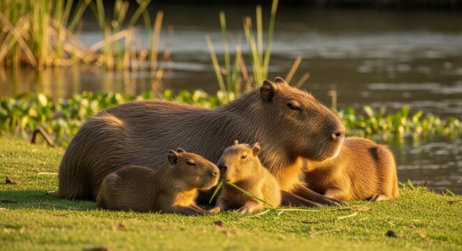 Family of capybaras resting by water with sunlight on the grass