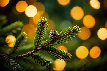 Fresh pine branch with small pinecone against warm golden bokeh lights creating magical Christmas atmosphere and cozy ambiance. Generative AI.