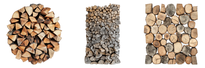 Three varied arrangements of cut firewood, ready for use