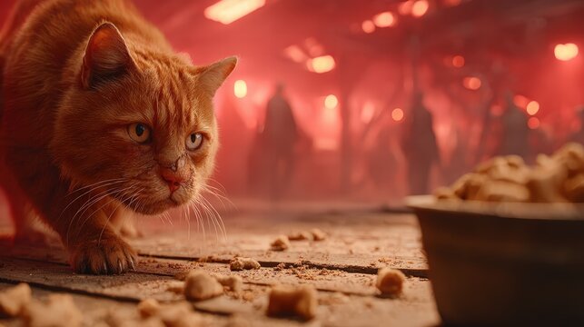 determined, slightly decayed zombie cat with one milky eye, torn fur, and a few missing patches, lunging forward with a growl