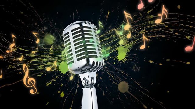 Vintage Chrome Microphone with Turquoise Music Notes Bursting Against Black Background Digital Art