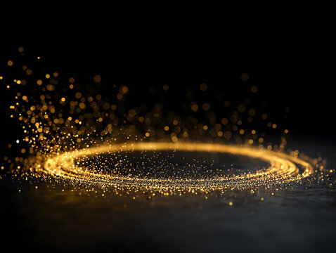 Golden dust ring from low angle with glowing particles, isolated. Gold glitter circle of light shine sparkles and golden spark particles in circle frame on black background. 光