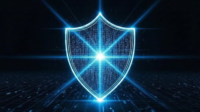 Cybersecurity Shield: A digitally rendered, glowing shield symbolizes protection against cyber threats, with an abstract display of light emanating from its center, representing a secure network.
