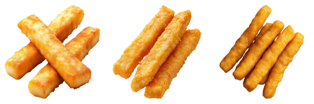 Three distinct groups of crispy, golden snacks, arranged in visually appealing formations