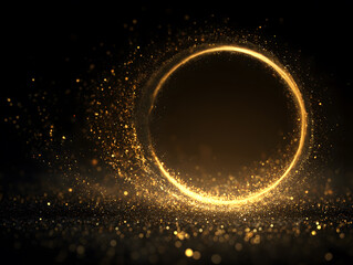 Golden dust circle glow with sparkling particles. Gold light circle with sparkles, vector magic glow 3d effect. Science fiction, lighting effect for cinematic presentation 光