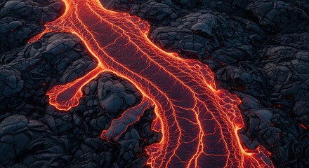 Molten lava river flowing over volcanic rock. Abstract natural texture of molten magma. Earth's raw energy and geological activity. Volcanic eruption detail for science themes