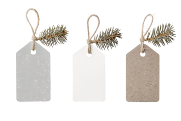Three distinct tag labels are displayed isolated on a white surface. Each label hangs from twine and features a small pine branch, perfect for festive occasions or crafting projects