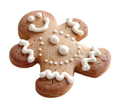 A cheerful man-shaped cookie decorated with white icing rests on a transparent background. Ideal for festive occasions, this treat adds joy to holiday gatherings and celebrations