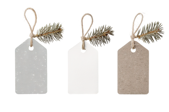 Three distinct tag labels are displayed isolated on a white surface. Each label hangs from twine and features a small pine branch, perfect for festive occasions or crafting projects