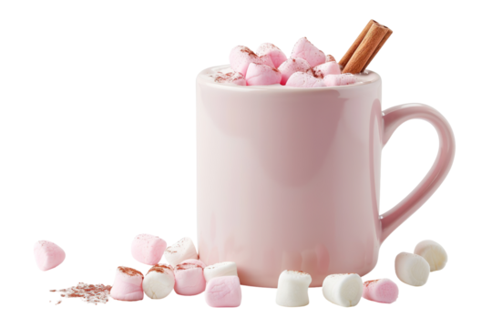 Cozy up with a pink cocoa mug filled with fluffy marshmallows and a cinnamon stick. Perfect for a warm drink during cold winter nights or festive gatherings