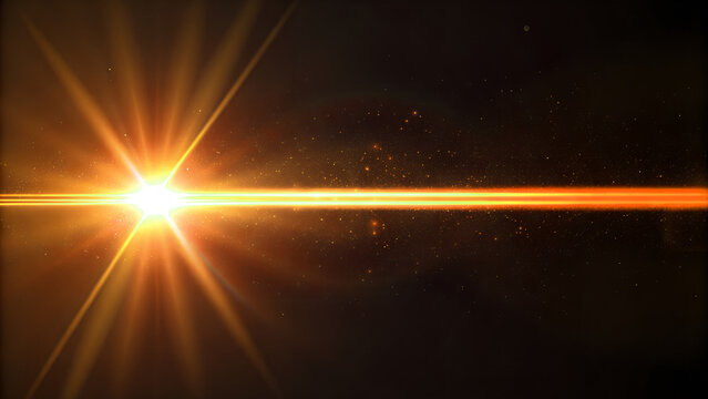 Golden laser light line with glowing particles, isolated PNG black background overlay effect. Glowing gold laser beam. Neon light lines, laser, flash isolated. Center twinkle gold star lens flare. 光 - Powered by Adobe