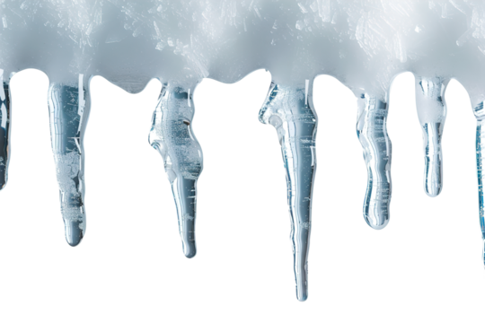 Icicles are suspended downward with a realistic texture and glossy appearance. The transparent background highlights their intricate details and natural beauty, emphasizing winter's chill