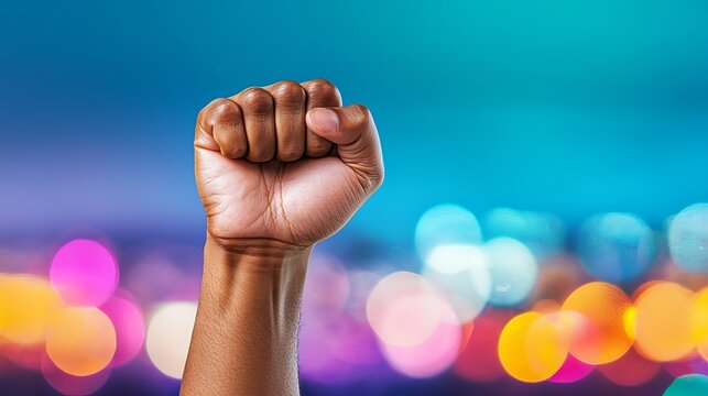 A powerful raised fist in solidarity against a vibrant, colorful nighttime backdrop.