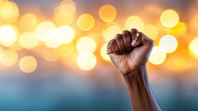 A powerful raised fist symbolizes strength and unity against a backdrop of golden lights, representing hope and resilience.