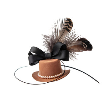 Brown fascinator hat with black bow and feathers isolated on transparent background