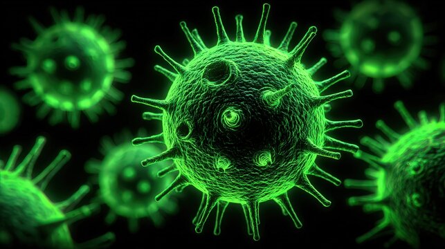 Close-up of a glowing green virus under a microscope, showing intricate surface texture and spiky protein structures in detail.
