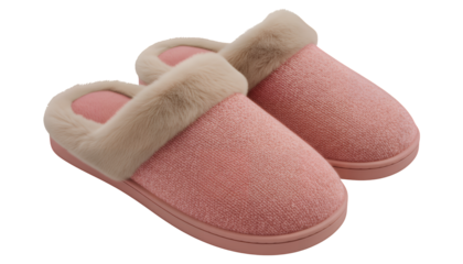 A cozy pair of soft pink velour mule slippers with a warm faux fur trim. Comfortable and stylish homewear footwear for lounging and relaxation, isolated on a clean transparent background