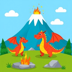 Cartoon dragons near a volcano with flames and fluffy clouds