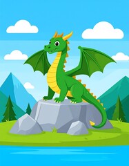 Cartoon dragon with green scales, wings, and yellow belly on a rock