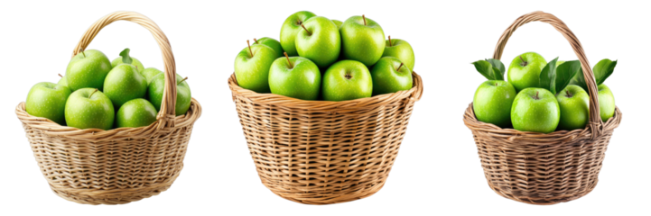 Three baskets filled with fresh, green apples, showcasing nature's bounty and a focus on healthy eating.