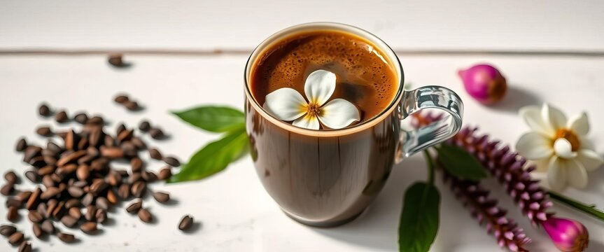 Dark, rich coffee-chicory drink in a cup, chicory flower on white table, food, bitter