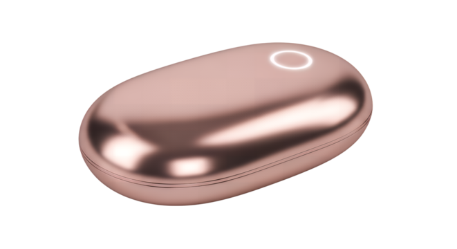 Sleek and modern rose gold metallic case for a portable electronic device, featuring a smooth pebble-like design and a circular light indicator, isolated on a clean transparent background - Powered by Adobe