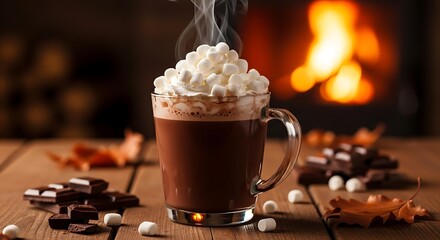 Steaming hot chocolate with whipped cream and marshmallows by a fireplace cocoa drink
