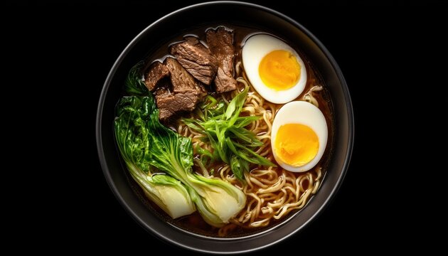 Top-View Miso Ramen Asian Noodles Soup With Beef, Egg, And Pak Choi Cabbage On Black Background. Traditional Asian Dish. Flavorful Ingredients. Rich Broth.