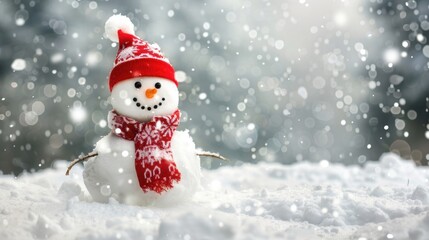 A cheerful snowman wearing a red hat and scarf stands in a snowy landscape. Snowflakes fall gently around it, creating a winter wonderland atmosphere.