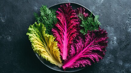 Vibrant colored lettuce and fresh dill on dark stone background