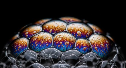 Fototapeta premium Macro detail of soap bubbles with psychedelic surface patterns. Abstract visualization of light interference and fluid dynamics. Complex hexagonal structure of foam cells with iridescent colors