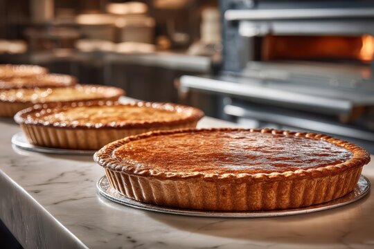 Golden tarts cooling on a marble counter in a bustling bakery kitchen.