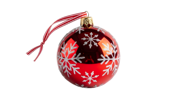 Red oval christmas ornament with white snowflake pattern isolated on transparent background