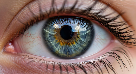 Close up extreme macro shot of a blue and green iris with reflections showing the beauty of human sight and vision